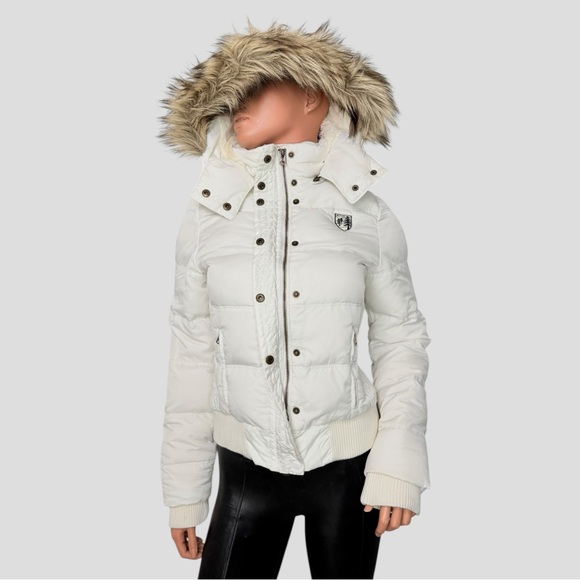 American Eagle Down Feather Puffer Jacket M White Faux Fur Hood Y2K Snow Bunny - Picture 6 of 15